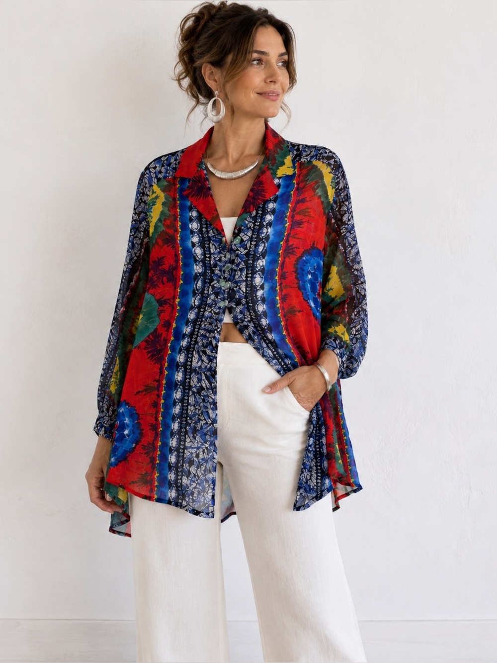 VTG 90s Artwear Flyaway Blouse Colorful Sheer Glass Button Top M